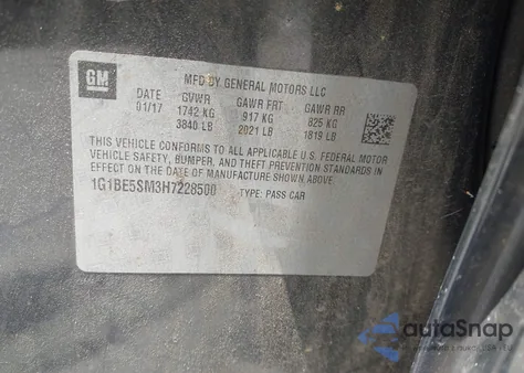 2017 Chevrolet Cruze Lt Auto из США, поврежденный, VIN 1G1BE5SM3H7228500